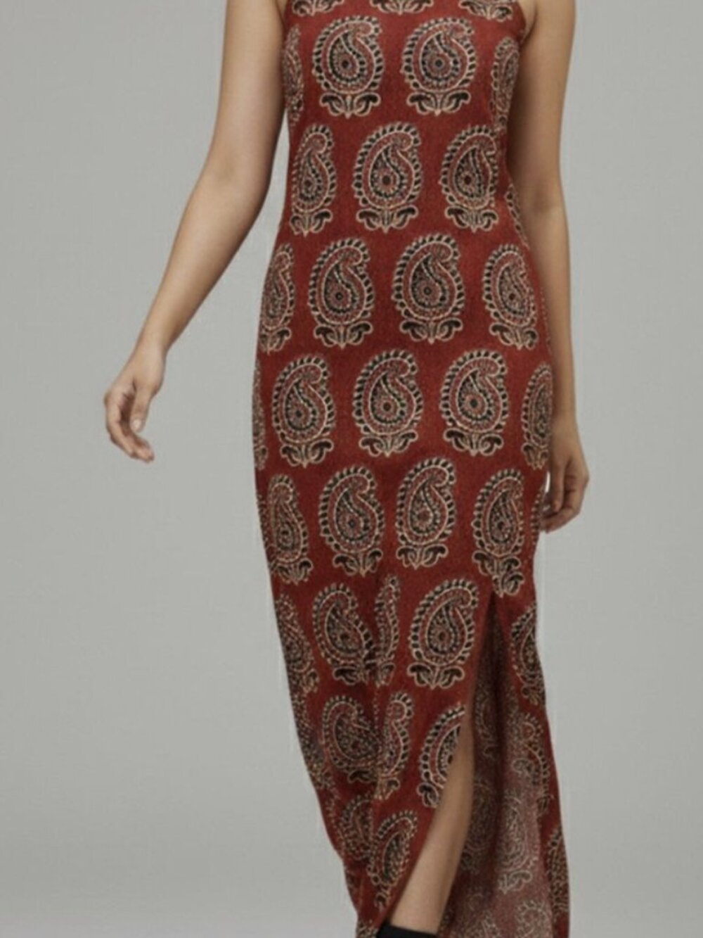Print Maxi Dress Rust Brown Paisley Cami Slit Gown Summer dress